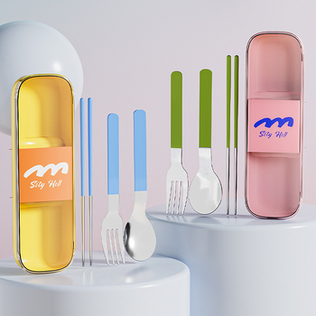 Set portabil din oțel inoxidabil 304, 3 piese: lingură, furculiță și bețișoare