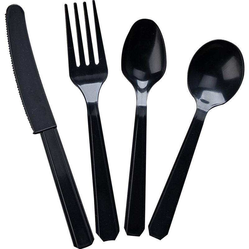Set de tacâmuri din plastic, de unică folosință, negru, cuțit, furculă și lingură, pentru mâncare occidentală, 1000 de bucăți
