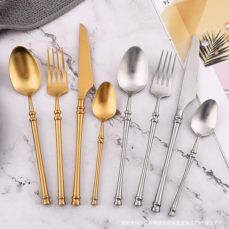 Set de tacâmuri occidentale din oțel inoxidabil 304, Oriental Pearl — cuțit pentru steak, furculiță și lingură, cu mâner lung