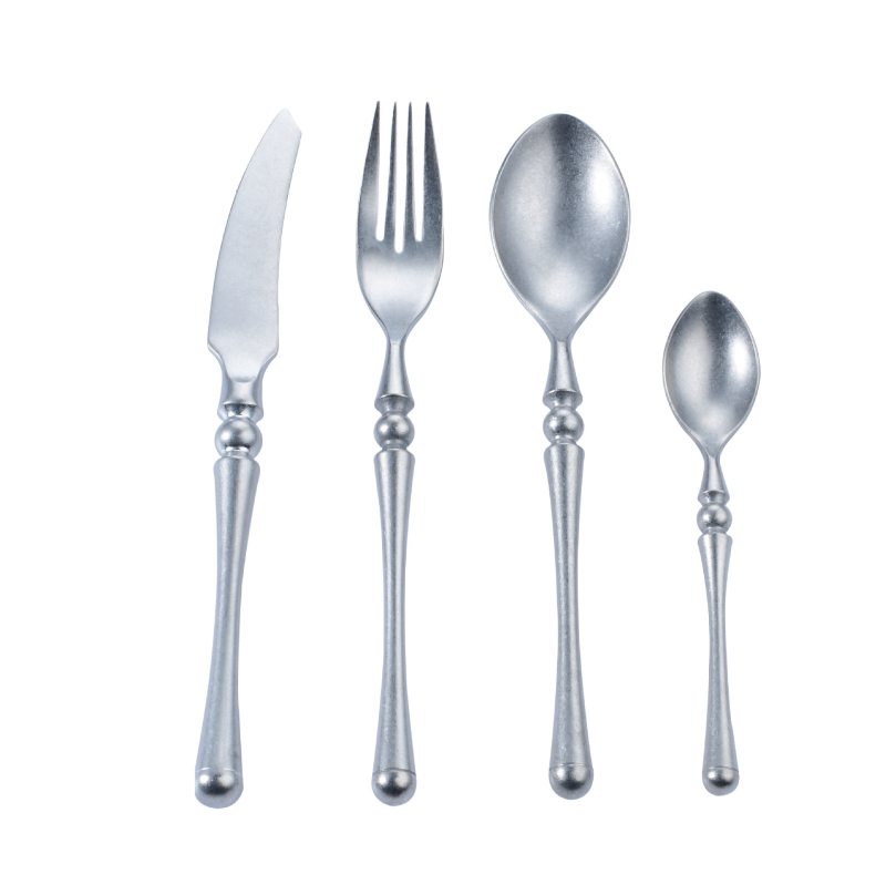 Set tacâmuri din oțel inoxidabil 304, mâner rotund, finisaj lucios în stil retro, textură de fulgi de zăpadă, cuțit pentru friptură, furculiță și lingură