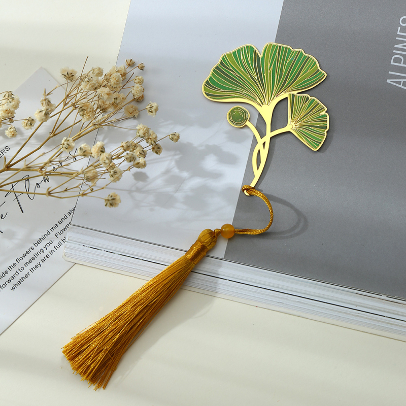 Semn de carte metalic cu model de vene ale frunzei de lotus, în stil antic, cu ciucuri, design creativ cu influențe chinezești