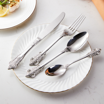 Set tacâmuri din oțel inoxidabil 304: cuțit pentru steak, furculiță, lingură de masă, lingură de desert; stil occidental, design retro elegant, pentru casă sau hotel