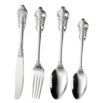 Set tacâmuri din oțel inoxidabil 304: cuțit pentru steak, furculiță, lingură de masă, lingură de desert; stil occidental, design retro elegant, pentru casă sau hotel