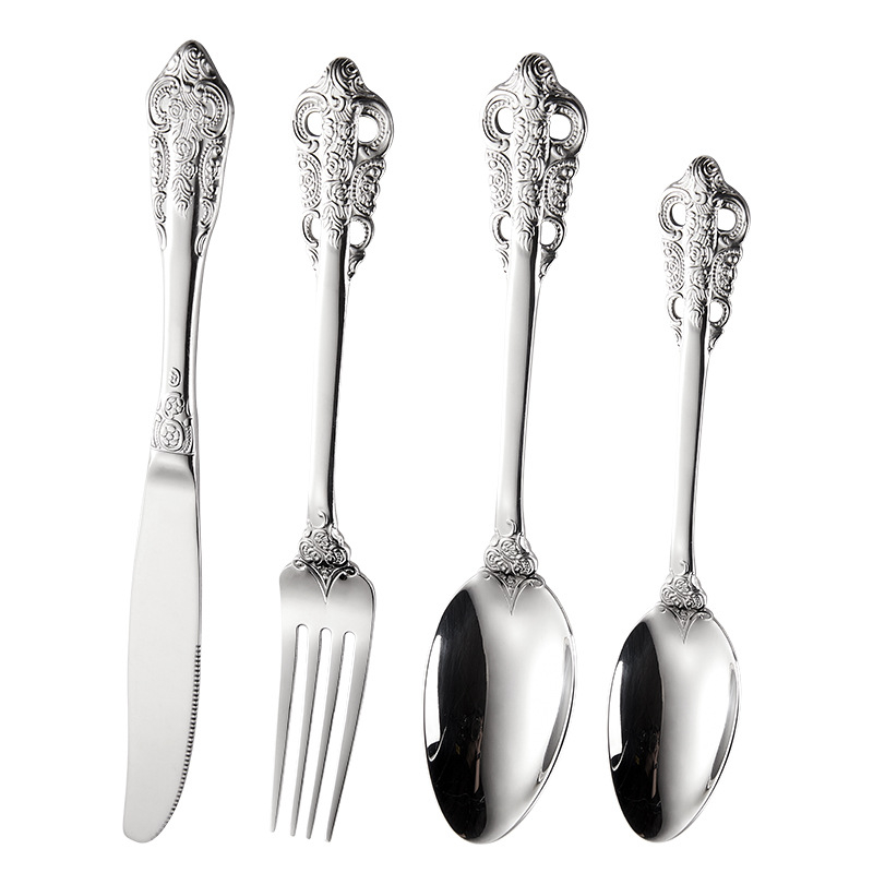 Set tacâmuri din oțel inoxidabil 304: cuțit pentru steak, furculiță, lingură de masă, lingură de desert; stil occidental, design retro elegant, pentru casă sau hotel