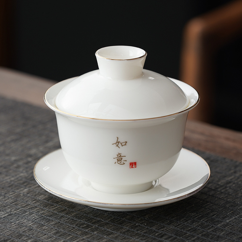 Gaiwan din porțelan alb cu margine aurie, pentru uz casnic, piesă unică, set de ceai ceramic Kung Fu