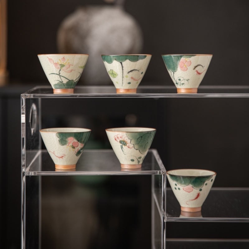 Ceașă Ge Kiln Jianzhan pictată manual cu lotus, set Kung Fu de ceai pentru cadouri de afaceri, imprimare logo disponibilă