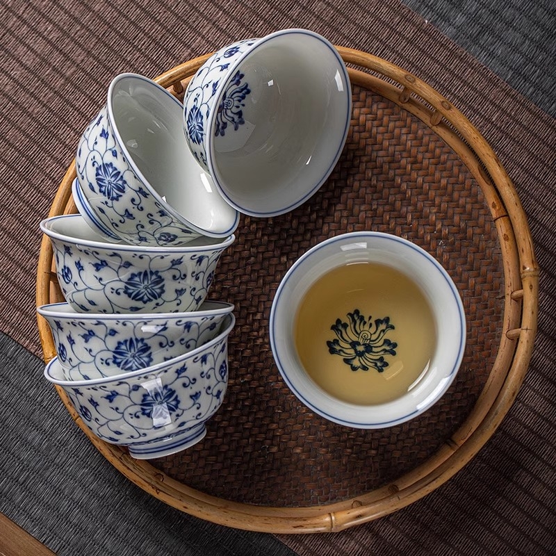 Ceașă de ceai Jingdezhen Yongle din porțelan albastru și alb, cu motiv lotus, cană individuală pentru ceremonia Kung Fu