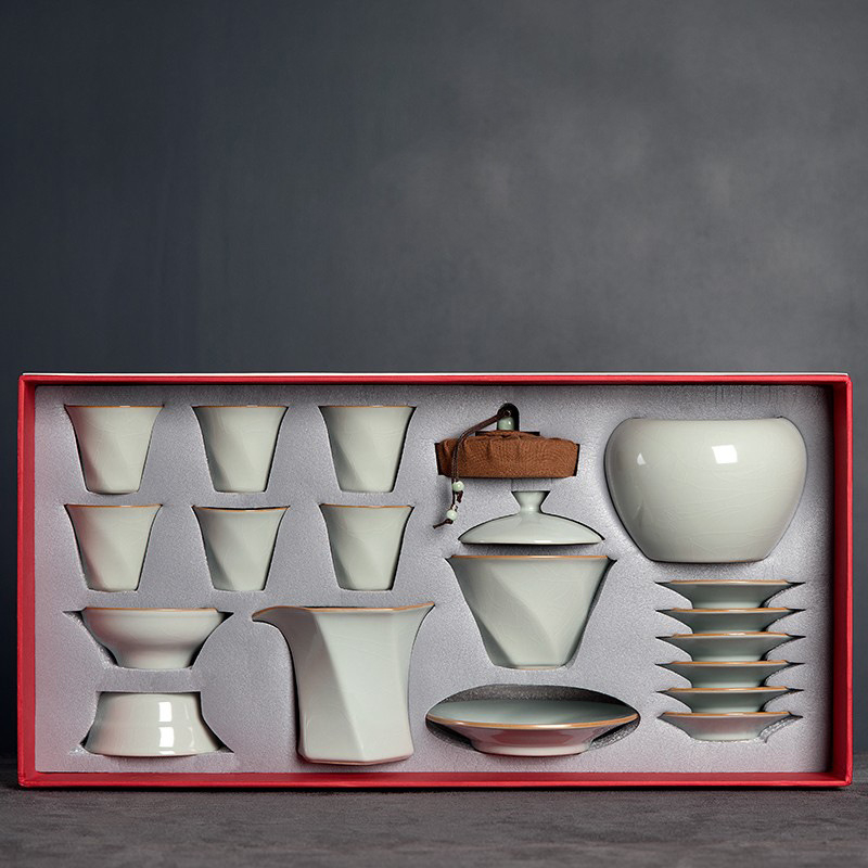 Set de ceai Ru Kiln cu bol cu capac conic și cești Kung Fu, stil chinezesc, compact modern, mic set nou stil chinezesc