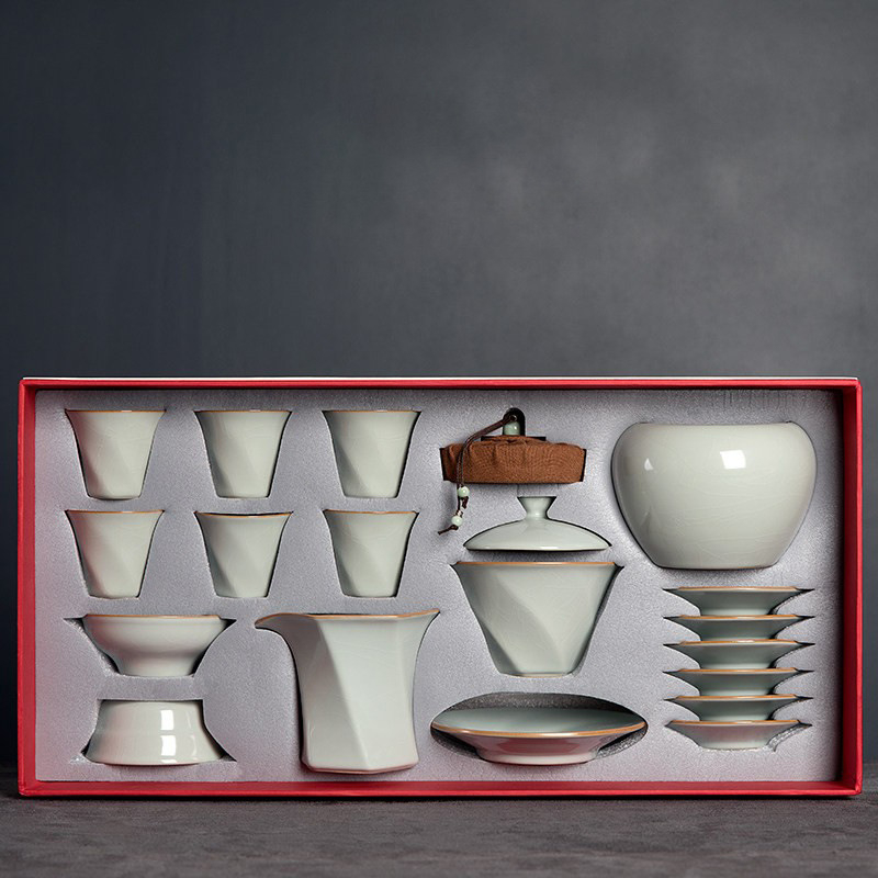 Set de ceai Ru Kiln cu bol cu capac conic și cești Kung Fu, stil chinezesc, compact modern, mic set nou stil chinezesc