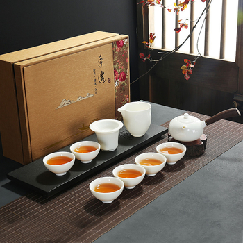 Set Gongfu de ceai din porțelan alb Dehua, ceainic cu mâner lateral în stil japonez, set ceramic pentru ceai, pentru uz casnic, într-o cutie cadou premium