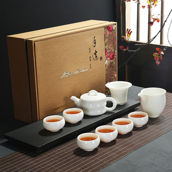 Set Gongfu de ceai din porțelan alb Dehua, ceainic cu mâner lateral în stil japonez, set ceramic pentru ceai, pentru uz casnic, într-o cutie cadou premium
