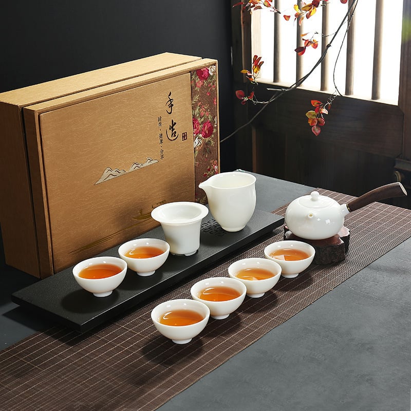 Set Gongfu de ceai din porțelan alb Dehua, ceainic cu mâner lateral în stil japonez, set ceramic pentru ceai, pentru uz casnic, într-o cutie cadou premium