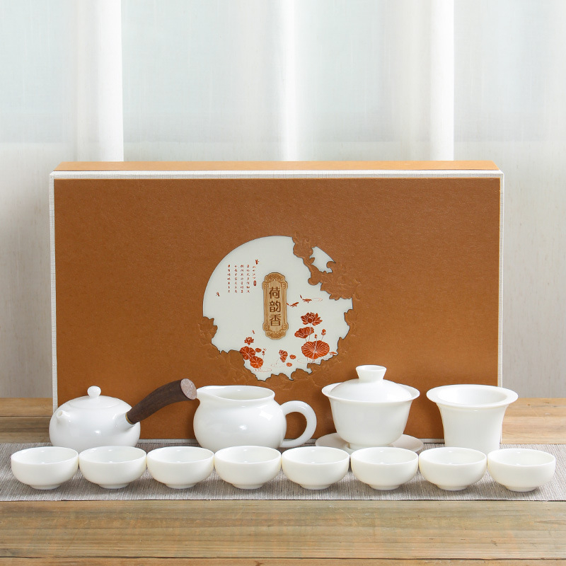 Set Gongfu de ceai din porțelan alb Dehua, ceainic cu mâner lateral în stil japonez, set ceramic pentru ceai, pentru uz casnic, într-o cutie cadou premium