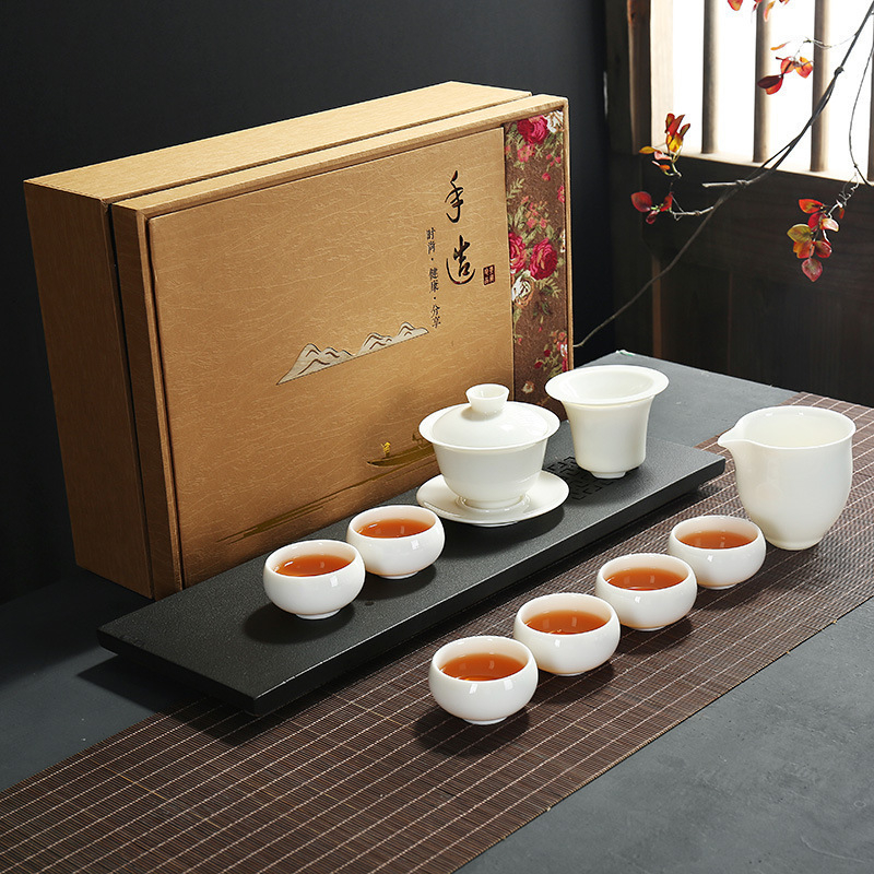 Set Gongfu de ceai din porțelan alb Dehua, ceainic cu mâner lateral în stil japonez, set ceramic pentru ceai, pentru uz casnic, într-o cutie cadou premium