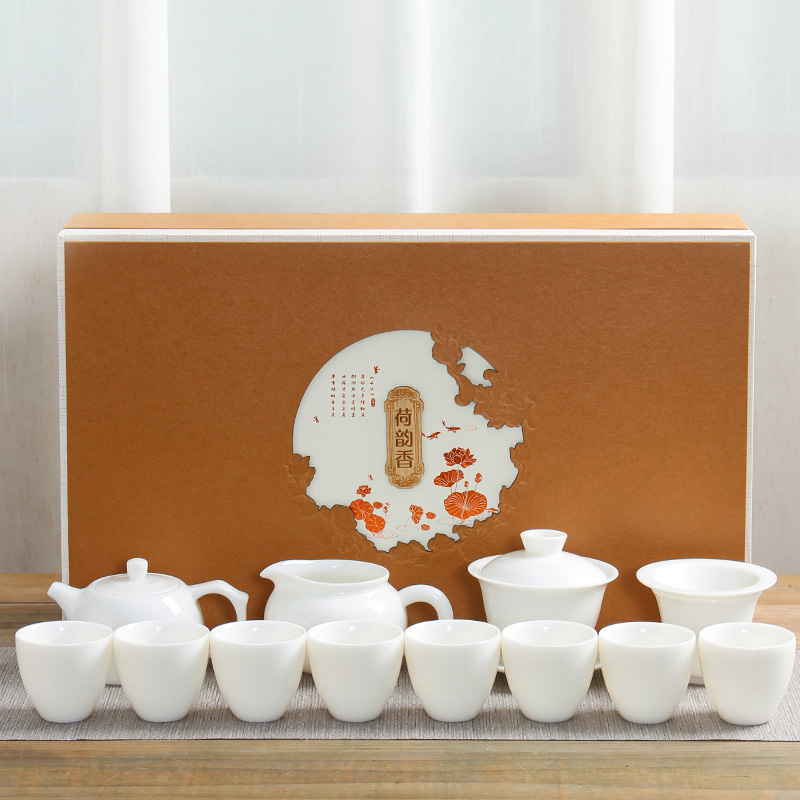 Set Gongfu de ceai din porțelan alb Dehua, ceainic cu mâner lateral în stil japonez, set ceramic pentru ceai, pentru uz casnic, într-o cutie cadou premium