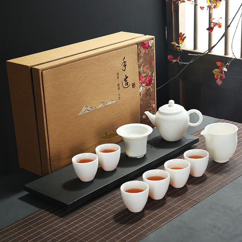 Set Gongfu de ceai din porțelan alb Dehua, ceainic cu mâner lateral în stil japonez, set ceramic pentru ceai, pentru uz casnic, într-o cutie cadou premium
