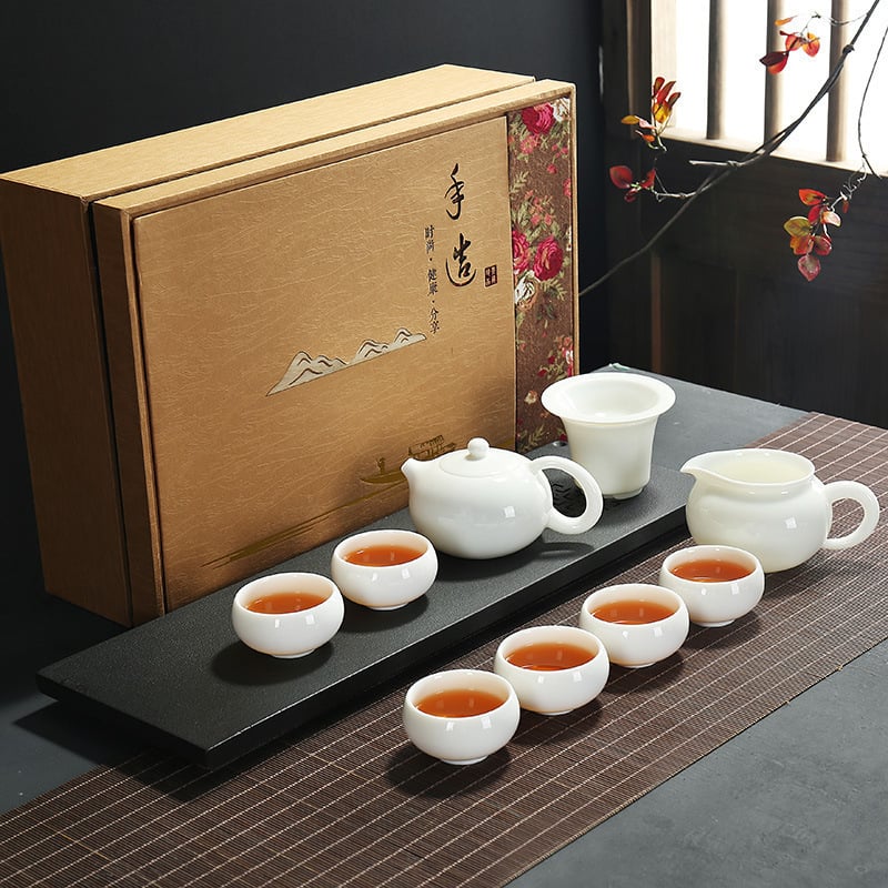 Set Gongfu de ceai din porțelan alb Dehua, ceainic cu mâner lateral în stil japonez, set ceramic pentru ceai, pentru uz casnic, într-o cutie cadou premium