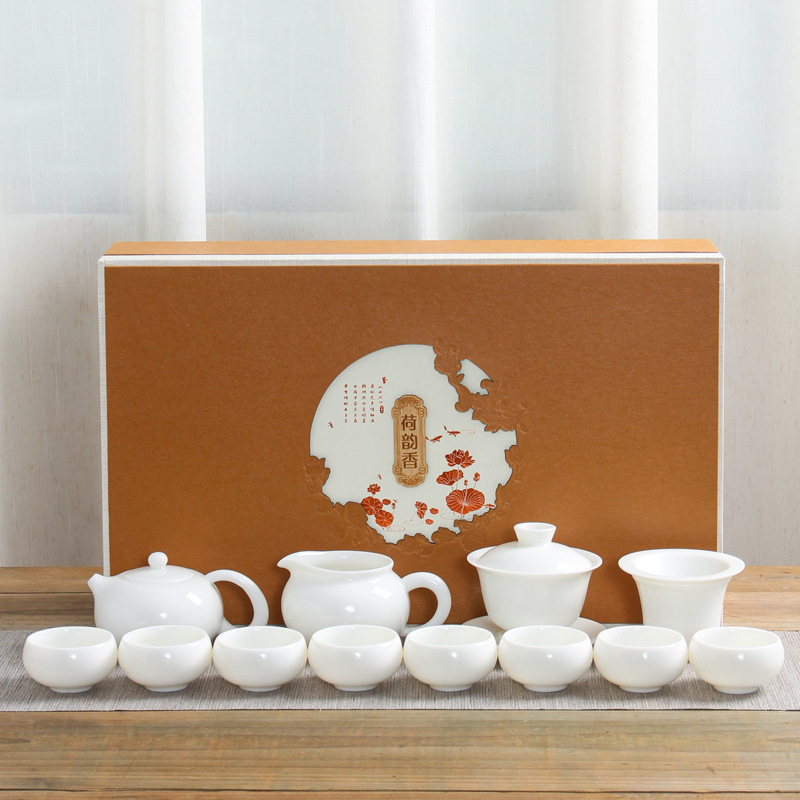 Set Gongfu de ceai din porțelan alb Dehua, ceainic cu mâner lateral în stil japonez, set ceramic pentru ceai, pentru uz casnic, într-o cutie cadou premium