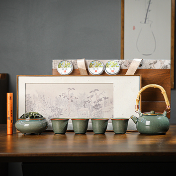 Set ceai Ru Kiln Kung Fu cu gaiwan și ceainică cu mâner, ceramică, cadou corporativ, ceremonie de ceai