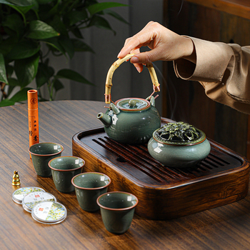 Set ceai Ru Kiln Kung Fu cu gaiwan și ceainică cu mâner, ceramică, cadou corporativ, ceremonie de ceai