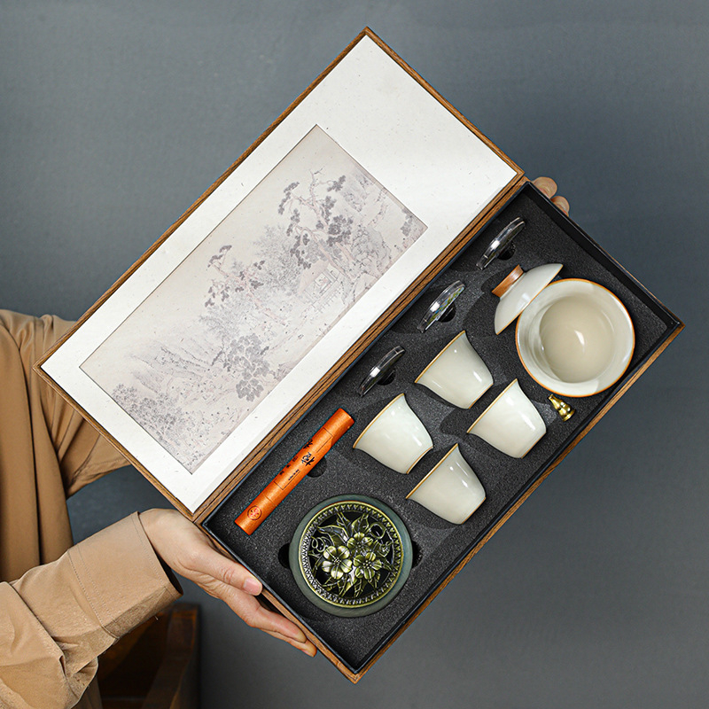 Set ceai Ru Kiln Kung Fu cu gaiwan și ceainică cu mâner, ceramică, cadou corporativ, ceremonie de ceai