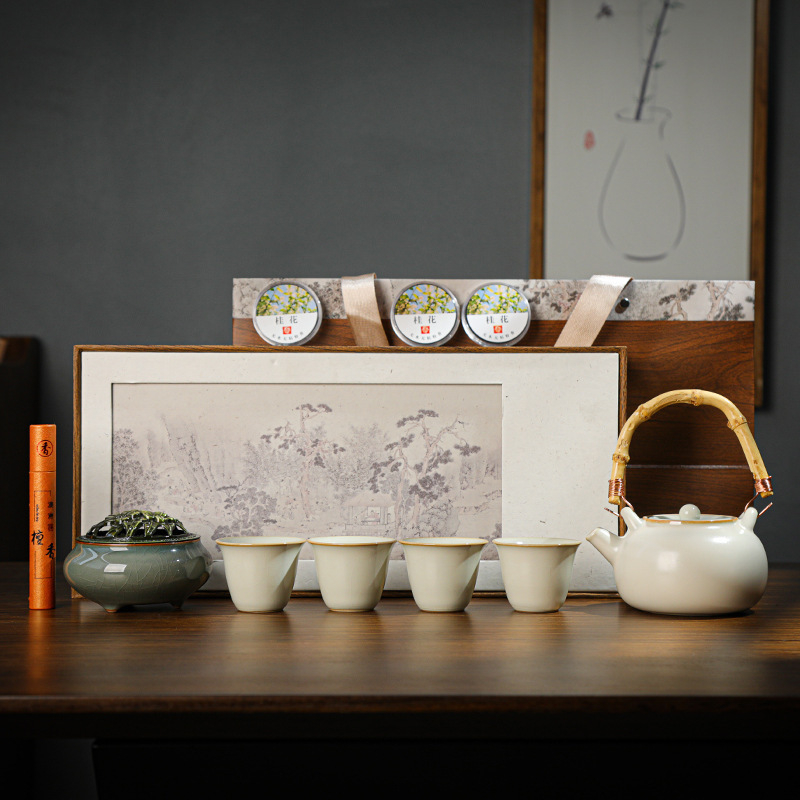 Set ceai Ru Kiln Kung Fu cu gaiwan și ceainică cu mâner, ceramică, cadou corporativ, ceremonie de ceai