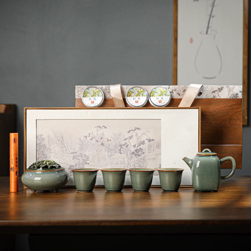 Set ceai Ru Kiln Kung Fu cu gaiwan și ceainică cu mâner, ceramică, cadou corporativ, ceremonie de ceai