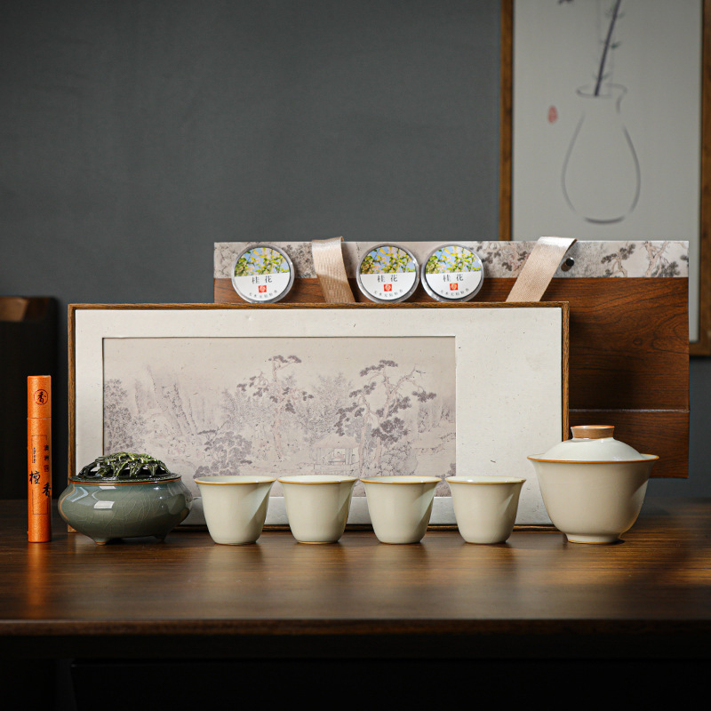 Set ceai Ru Kiln Kung Fu cu gaiwan și ceainică cu mâner, ceramică, cadou corporativ, ceremonie de ceai