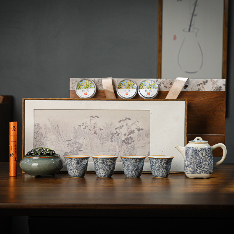 Set ceai Ru Kiln Kung Fu cu gaiwan și ceainică cu mâner, ceramică, cadou corporativ, ceremonie de ceai