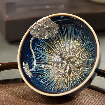 Ceșuță de ceai Jianzhan cu glazură Tianmu cu fire de aur, glazură cu păr de iepure și inserție de argint, ceașcă ceramică, glazurată în cuptor