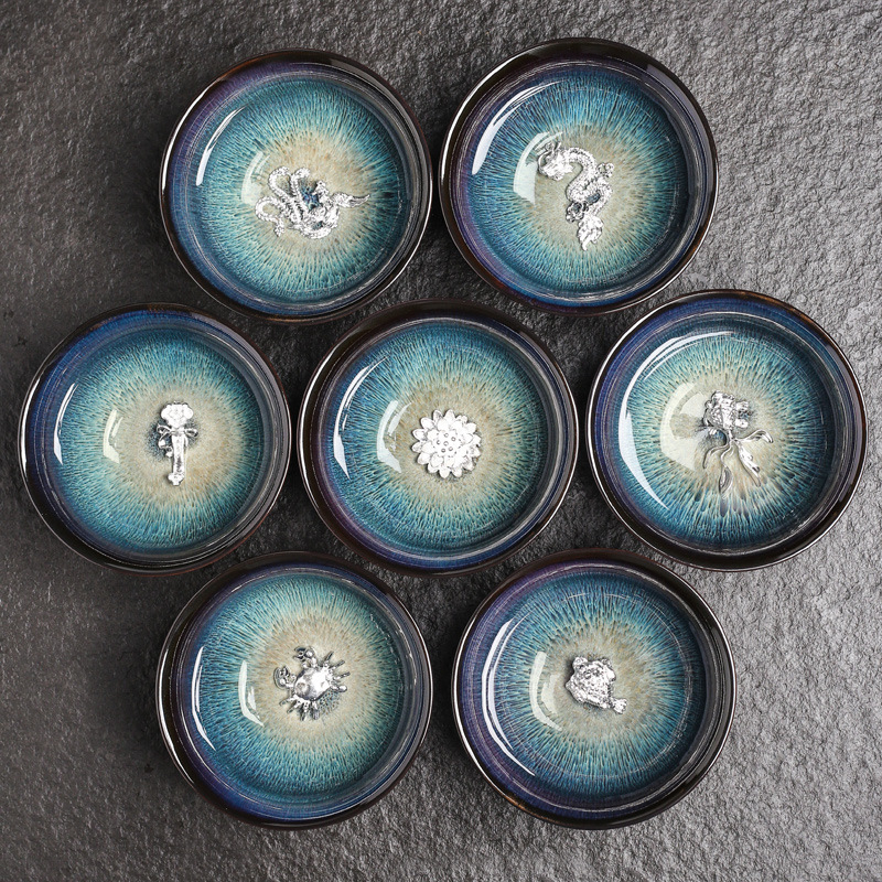 ceașcă de ceai din porțelan cu ornamente argintii, set cu o singură ceașcă, glazură la cuptor, stil retro-lux