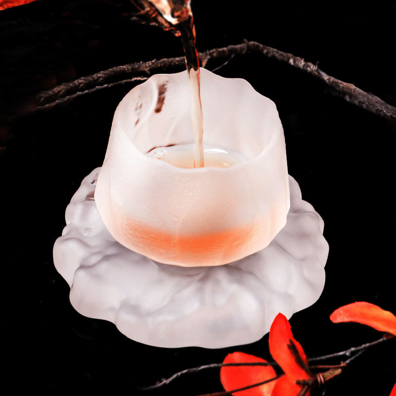 Set pahare de degustare a ceaiului din sticlă, stil japonez, cu lotus și margine aurie
