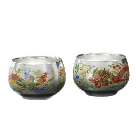 Ceașcă de ceai Luohan cu Dragon și Phoenix, ceramică, nuanță argintiu, accente 999 argint, elegantă pentru uz casnic