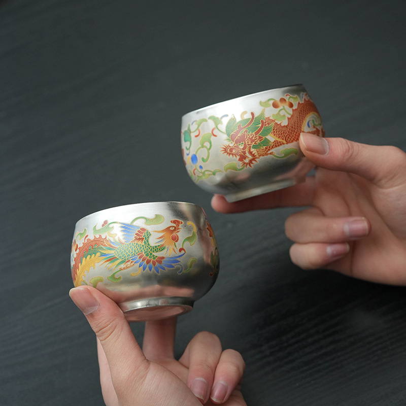 Ceașcă de ceai Luohan cu Dragon și Phoenix, ceramică, nuanță argintiu, accente 999 argint, elegantă pentru uz casnic