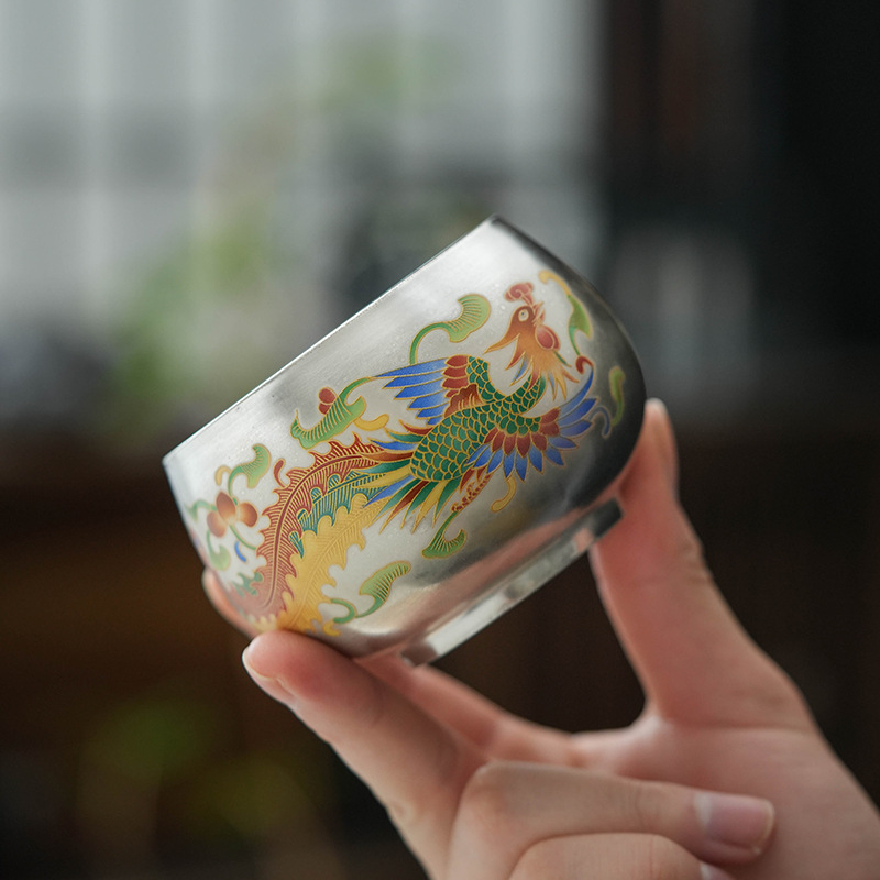 Ceașcă de ceai Luohan cu Dragon și Phoenix, ceramică, nuanță argintiu, accente 999 argint, elegantă pentru uz casnic