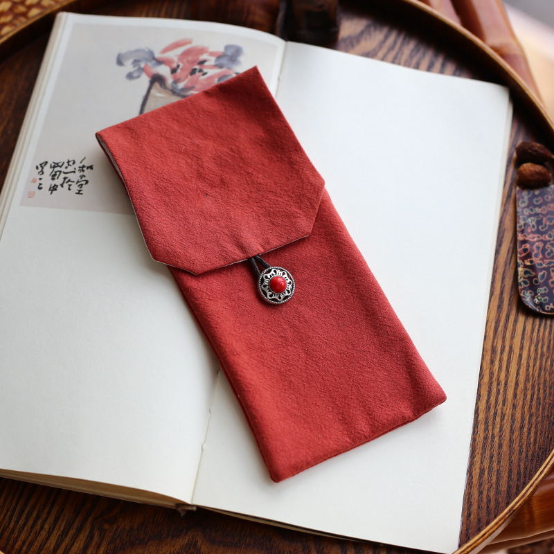 Geantă din pânză pentru ceremonia ceaiului, din bumbac-lînă, imprimeu uni, depozitare accesorii ceai. Dimensiuni: 30 × 9,5 cm și 19 × 9,5 cm.