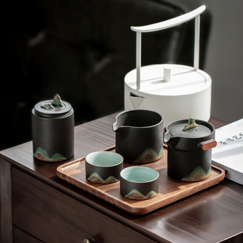 Set de ceai din ceramică neagră pentru călătorii, portabil, cu un ceainic și două cești, pentru mașină și afară.