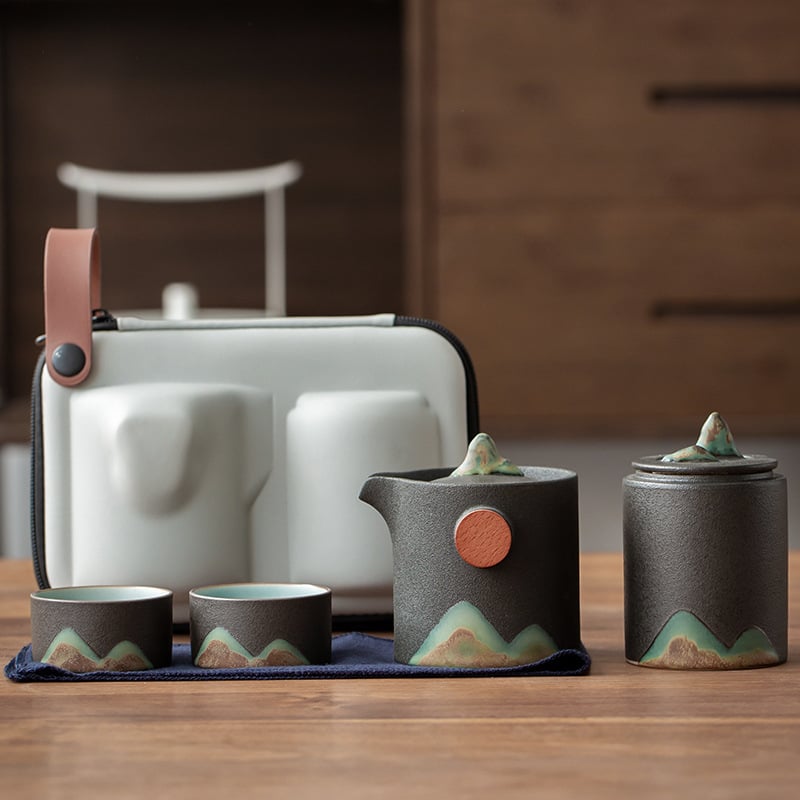 Set de ceai din ceramică neagră pentru călătorii, portabil, cu un ceainic și două cești, pentru mașină și afară.