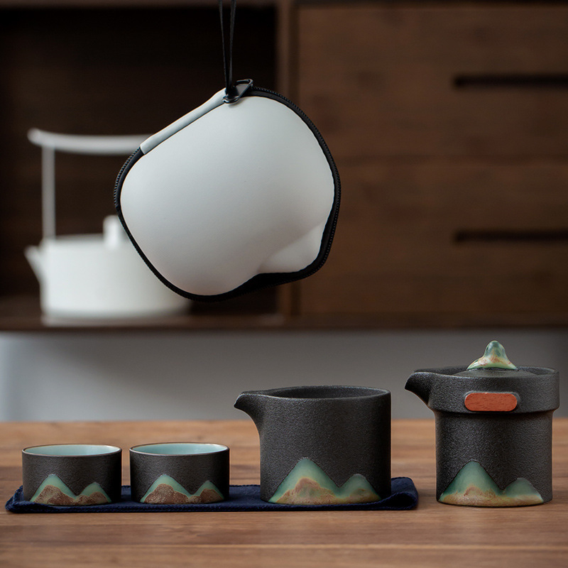 Set de ceai din ceramică neagră pentru călătorii, portabil, cu un ceainic și două cești, pentru mașină și afară.