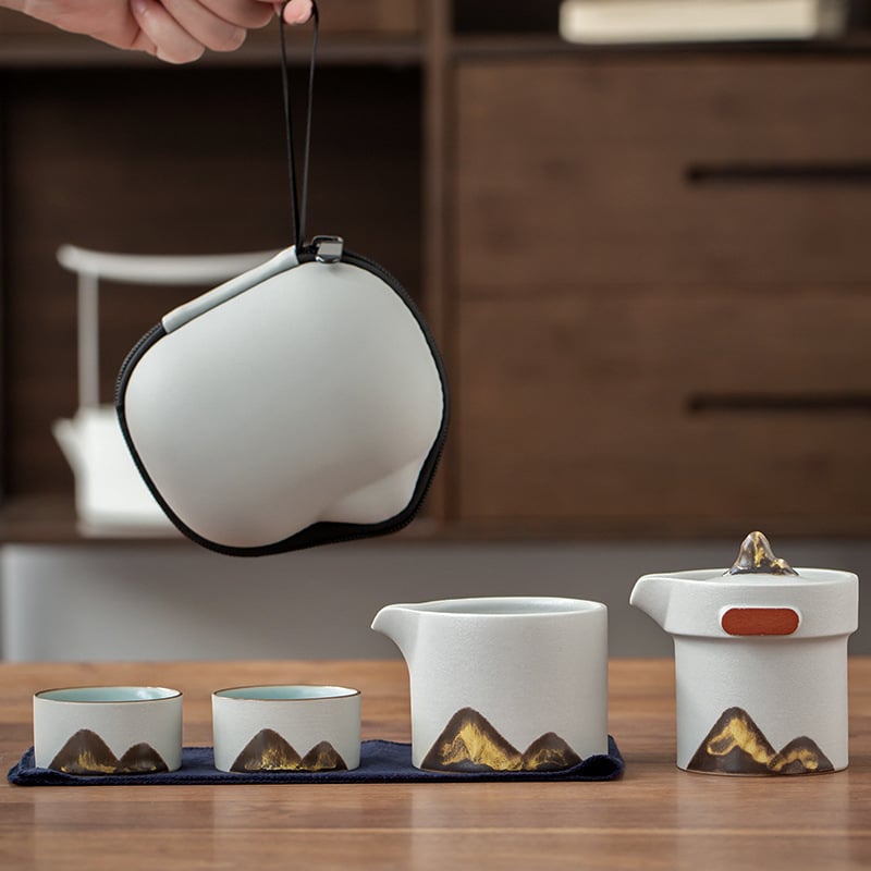 Set de ceai din ceramică neagră pentru călătorii, portabil, cu un ceainic și două cești, pentru mașină și afară.