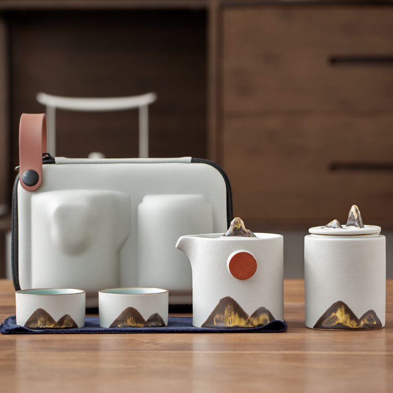 Set de ceai din ceramică neagră pentru călătorii, portabil, cu un ceainic și două cești, pentru mașină și afară.