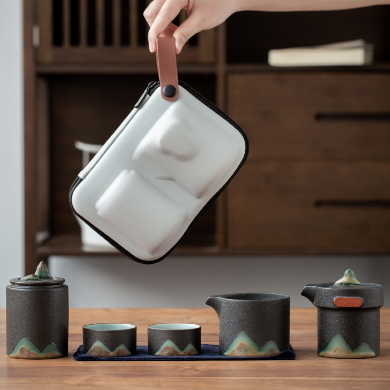 Set de ceai din ceramică neagră pentru călătorii, portabil, cu un ceainic și două cești, pentru mașină și afară.