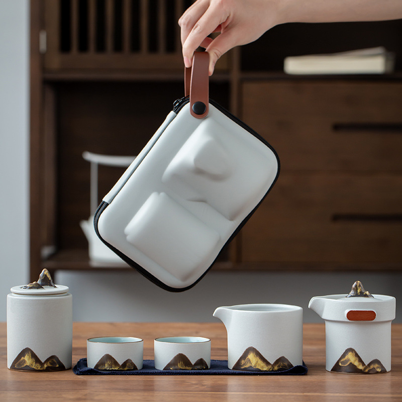 Set de ceai din ceramică neagră pentru călătorii, portabil, cu un ceainic și două cești, pentru mașină și afară.