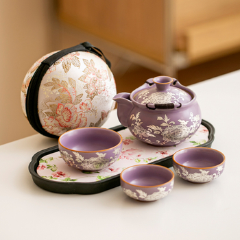 Set de ceainic din porțelan Purple Ru Kiln, placat cu argint și motif bujor, cu mâner, set de ceai pentru călătorii — un ceainic și trei cești