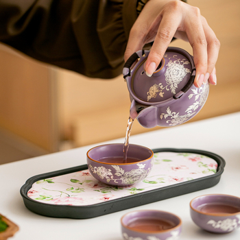 Set de ceainic din porțelan Purple Ru Kiln, placat cu argint și motif bujor, cu mâner, set de ceai pentru călătorii — un ceainic și trei cești