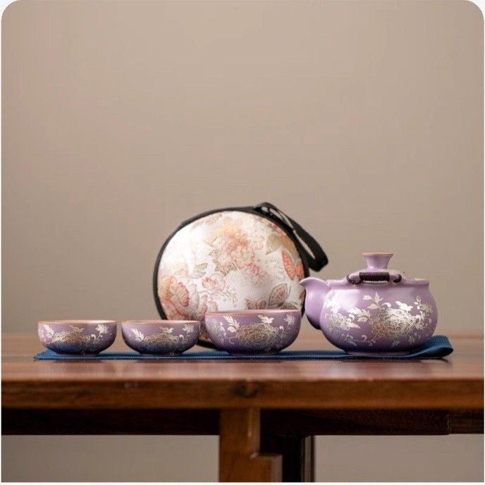 Set de ceainic din porțelan Purple Ru Kiln, placat cu argint și motif bujor, cu mâner, set de ceai pentru călătorii — un ceainic și trei cești