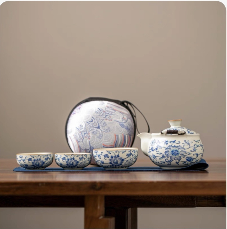 Set de ceainic din porțelan Purple Ru Kiln, placat cu argint și motif bujor, cu mâner, set de ceai pentru călătorii — un ceainic și trei cești