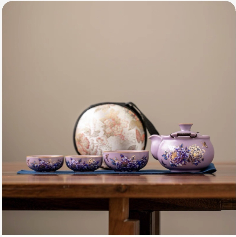 Set de ceainic din porțelan Purple Ru Kiln, placat cu argint și motif bujor, cu mâner, set de ceai pentru călătorii — un ceainic și trei cești