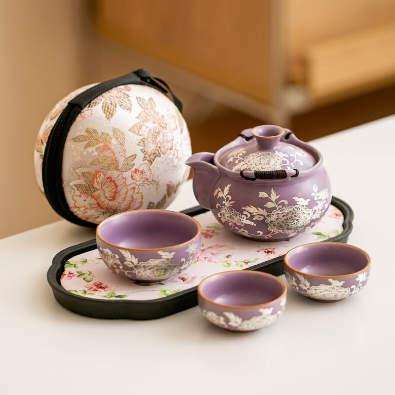 Set de ceainic din porțelan Purple Ru Kiln, placat cu argint și motif bujor, cu mâner, set de ceai pentru călătorii — un ceainic și trei cești