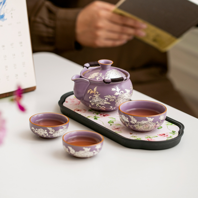 Set de ceainic din porțelan Purple Ru Kiln, placat cu argint și motif bujor, cu mâner, set de ceai pentru călătorii — un ceainic și trei cești